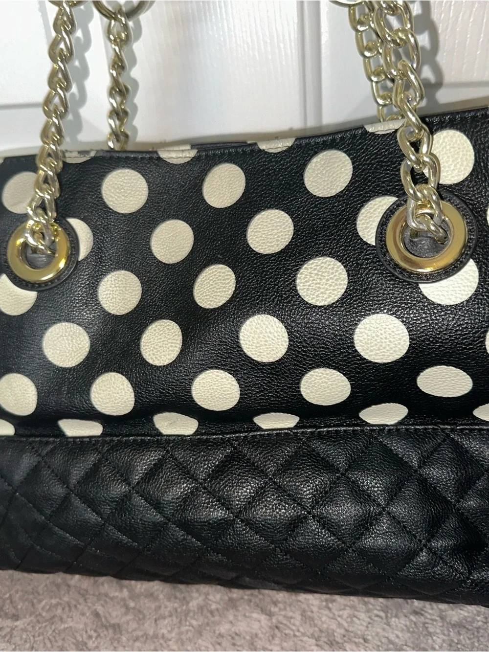 Betsey Johnson Black & White Polka Dot Quilted Tote with Gold Chain Handles